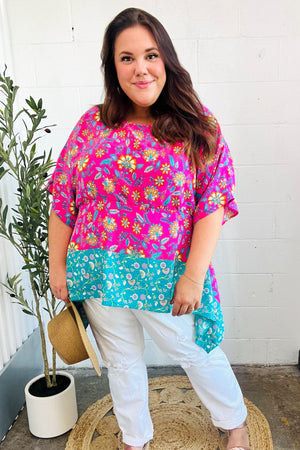 Vacay Ready Fuchsia Paisley Floral Dolman Sleeve Shark Bite Top - Coeur de la Mode