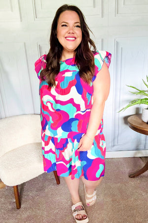 Go For Fun Fuchsia Geo Print Tiered Ruffle Sleeve Woven Dress - Coeur de la Mode