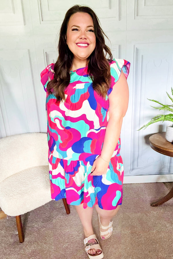 Go For Fun Fuchsia Geo Print Tiered Ruffle Sleeve Woven Dress - Coeur de la Mode