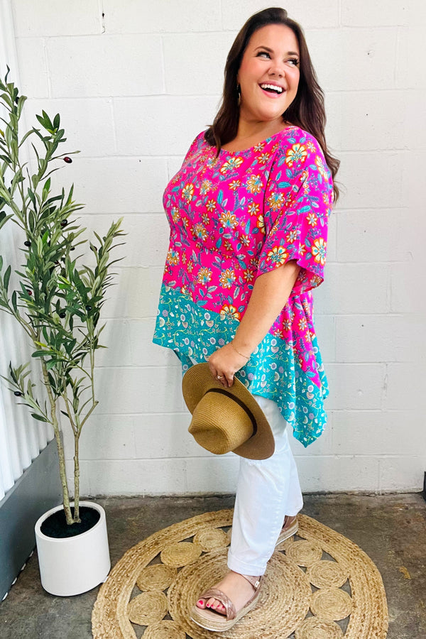 Vacay Ready Fuchsia Paisley Floral Dolman Sleeve Shark Bite Top - Coeur de la Mode