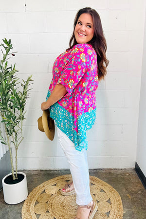 Vacay Ready Fuchsia Paisley Floral Dolman Sleeve Shark Bite Top - Coeur de la Mode