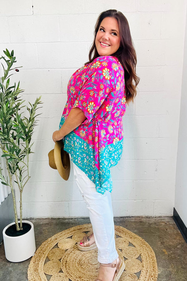 Vacay Ready Fuchsia Paisley Floral Dolman Sleeve Shark Bite Top - Coeur de la Mode