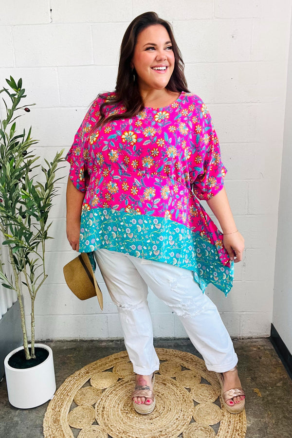 Vacay Ready Fuchsia Paisley Floral Dolman Sleeve Shark Bite Top - Coeur de la Mode