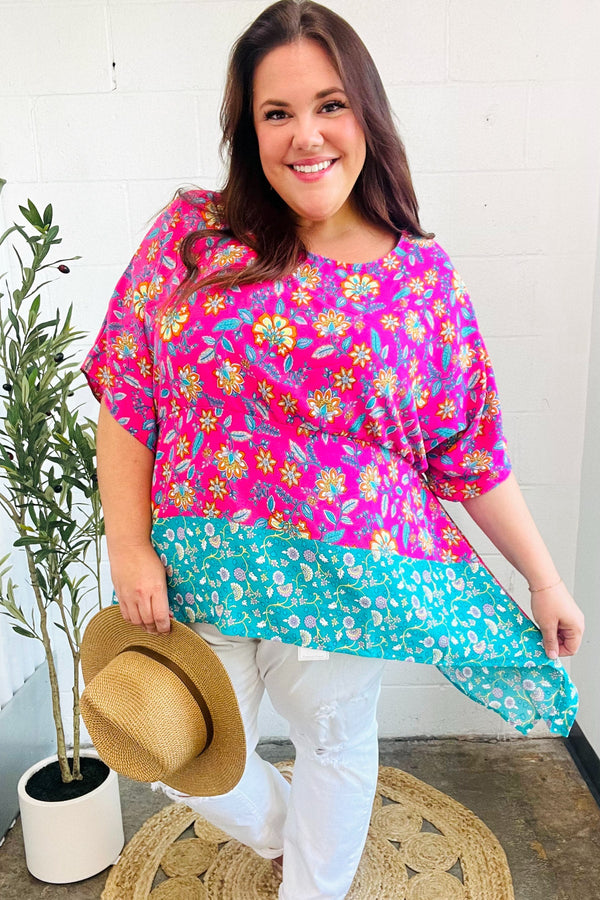 Vacay Ready Fuchsia Paisley Floral Dolman Sleeve Shark Bite Top - Coeur de la Mode