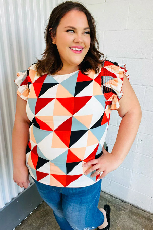 Burnt Orange Geo Print Smocked Ruffle Frill Sleeve Top - Coeur de la Mode