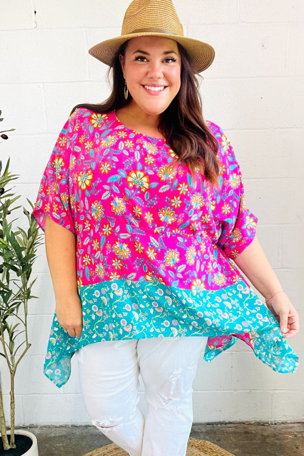 Vacay Ready Fuchsia Paisley Floral Dolman Sleeve Shark Bite Top - Coeur de la Mode