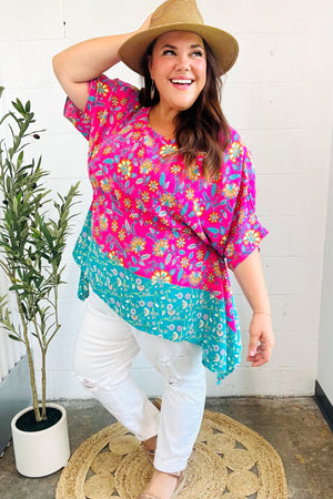 Vacay Ready Fuchsia Paisley Floral Dolman Sleeve Shark Bite Top - Coeur de la Mode