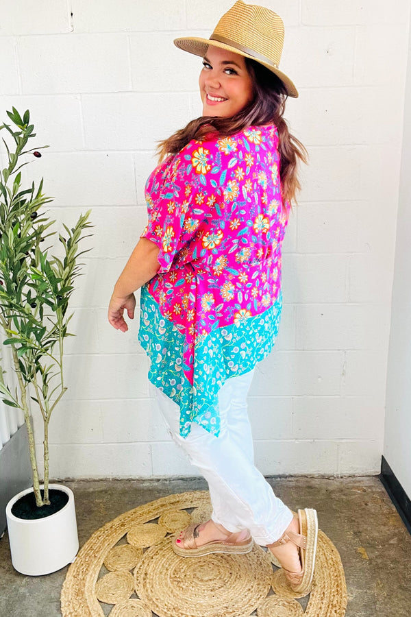 Vacay Ready Fuchsia Paisley Floral Dolman Sleeve Shark Bite Top - Coeur de la Mode