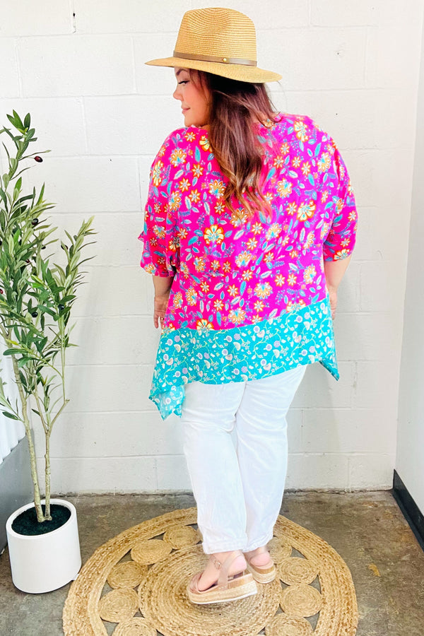 Vacay Ready Fuchsia Paisley Floral Dolman Sleeve Shark Bite Top - Coeur de la Mode