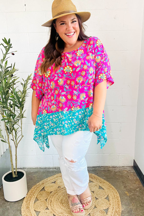 Vacay Ready Fuchsia Paisley Floral Dolman Sleeve Shark Bite Top - Coeur de la Mode