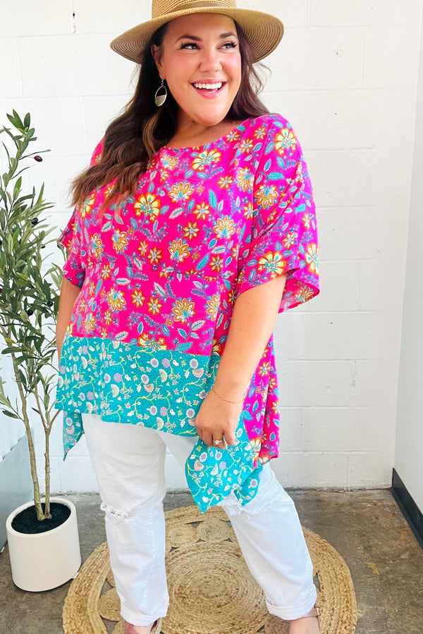 Vacay Ready Fuchsia Paisley Floral Dolman Sleeve Shark Bite Top - Coeur de la Mode
