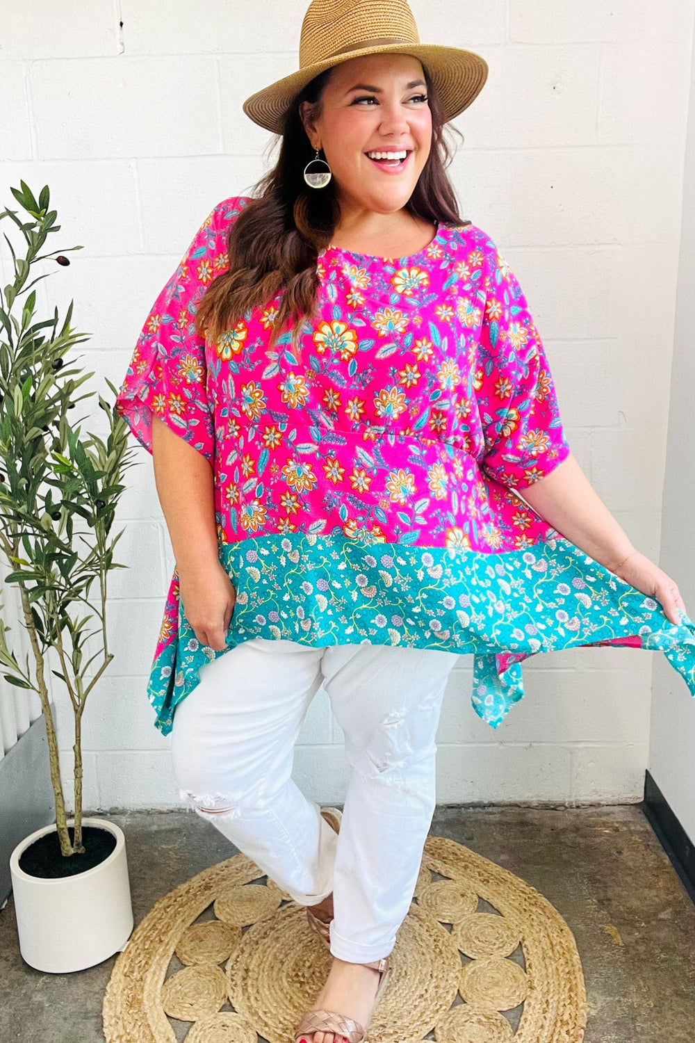 Vacay Ready Fuchsia Paisley Floral Dolman Sleeve Shark Bite Top - Coeur de la Mode