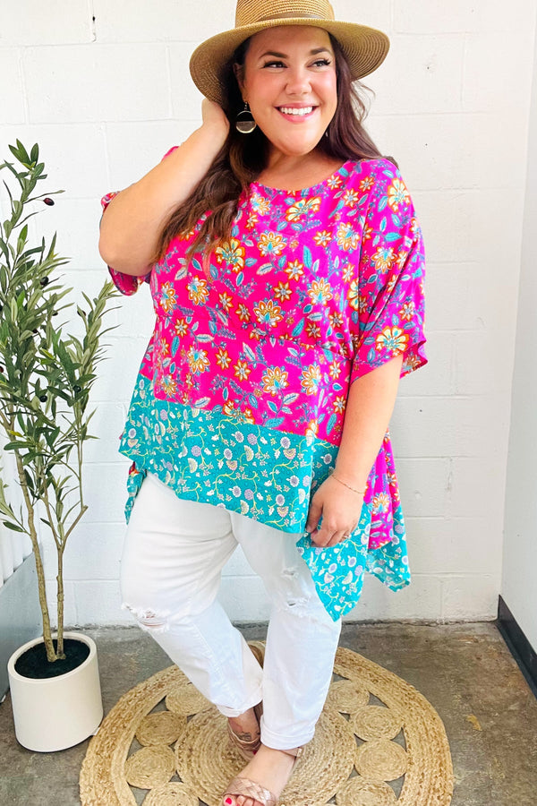 Vacay Ready Fuchsia Paisley Floral Dolman Sleeve Shark Bite Top - Coeur de la Mode