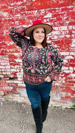 Take The Leap Black & Mauve Border Print Boho Tie Top - Coeur de la Mode