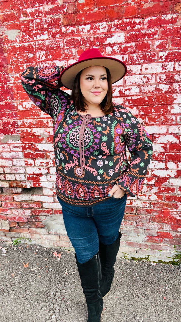 Take The Leap Black & Mauve Border Print Boho Tie Top - Coeur de la Mode