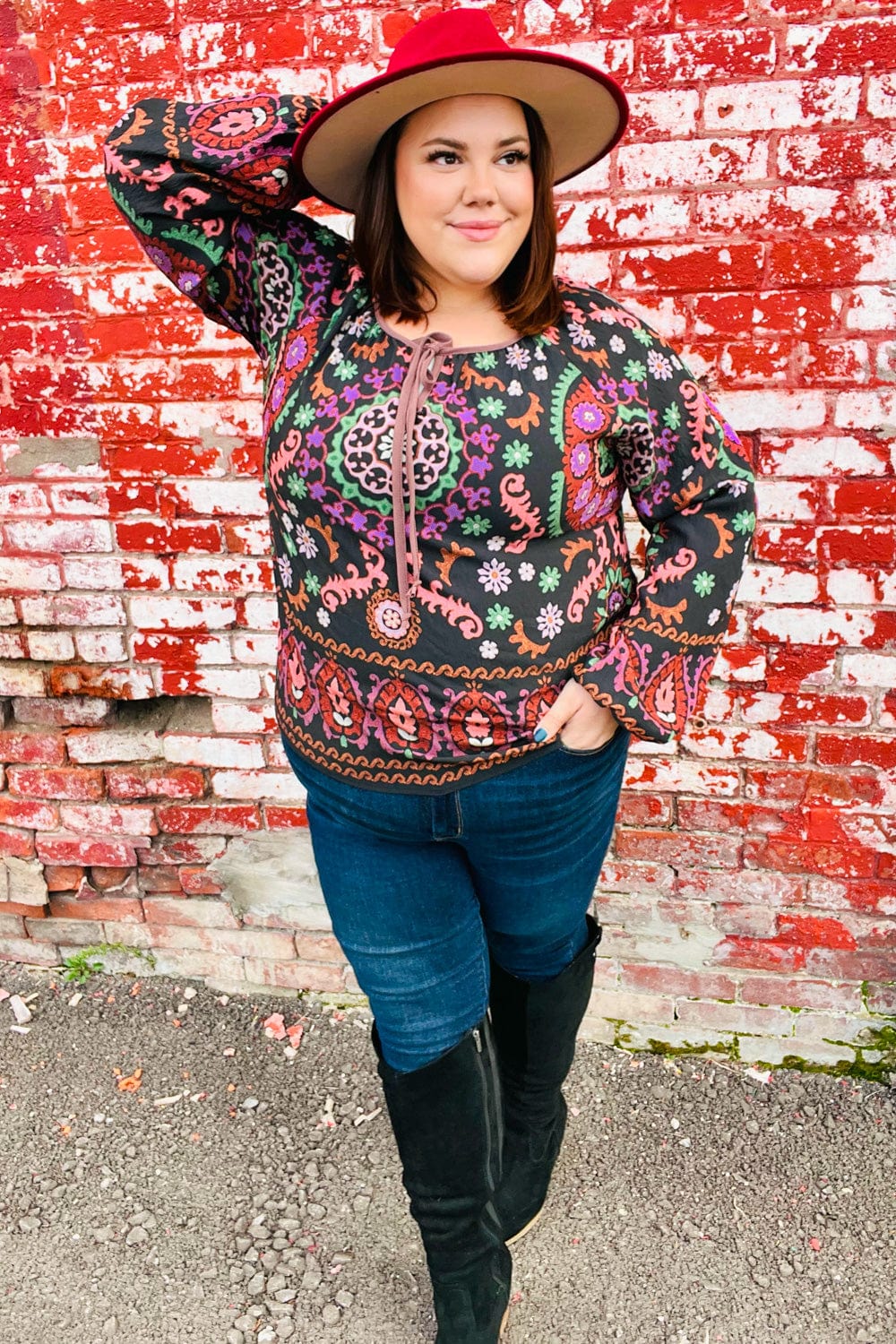 Take The Leap Black & Mauve Border Print Boho Tie Top - Coeur de la Mode