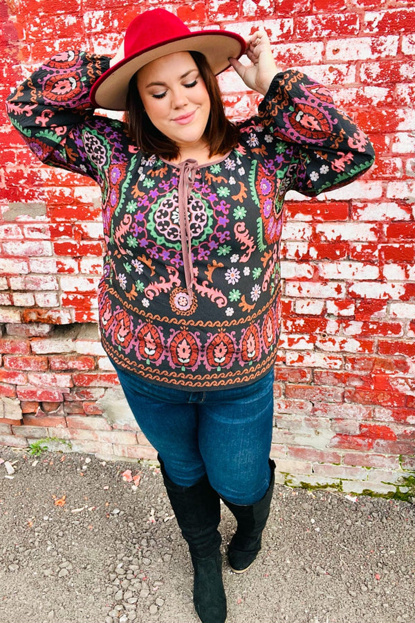 Take The Leap Black & Mauve Border Print Boho Tie Top - Coeur de la Mode