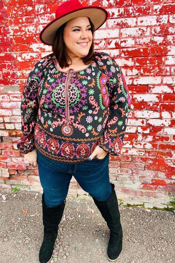 Take The Leap Black & Mauve Border Print Boho Tie Top - Coeur de la Mode