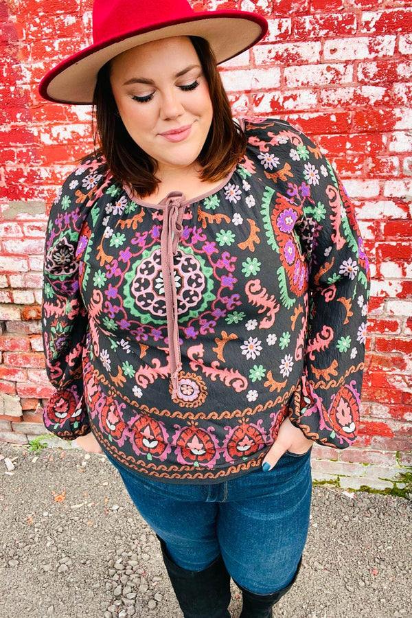Take The Leap Black & Mauve Border Print Boho Tie Top - Coeur de la Mode