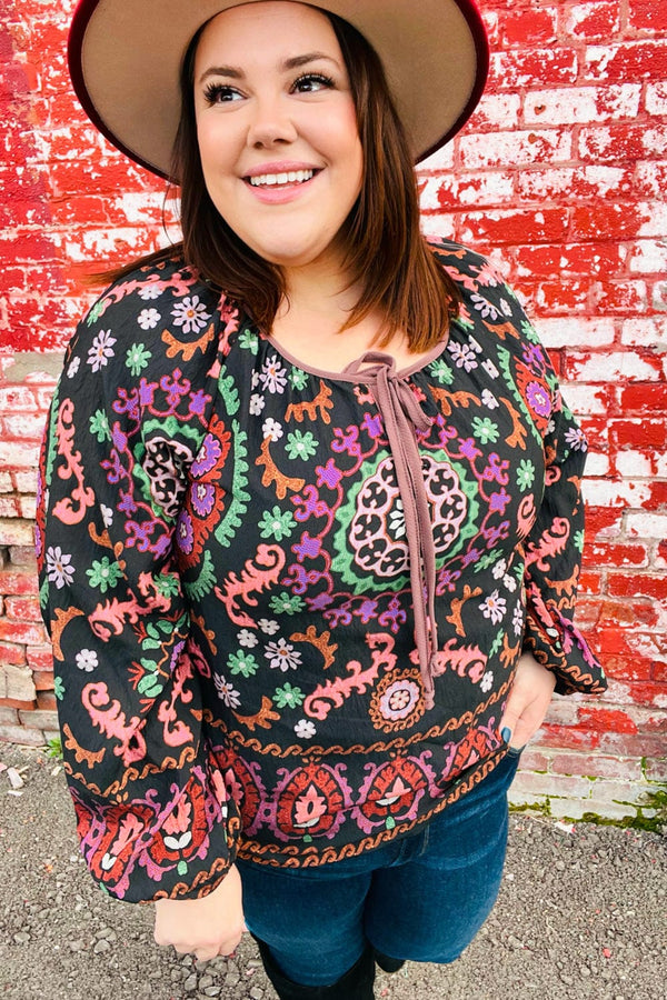 Take The Leap Black & Mauve Border Print Boho Tie Top - Coeur de la Mode