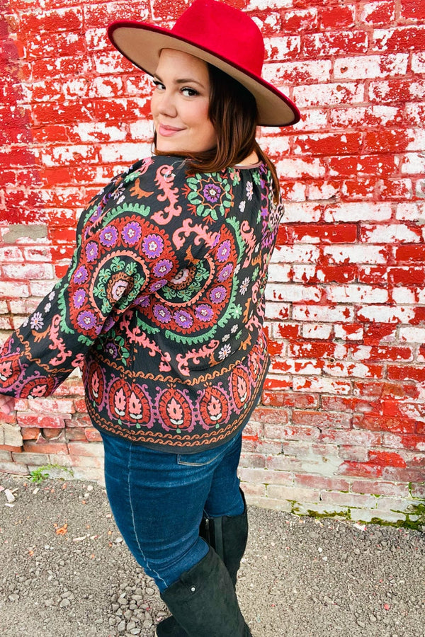 Take The Leap Black & Mauve Border Print Boho Tie Top - Coeur de la Mode