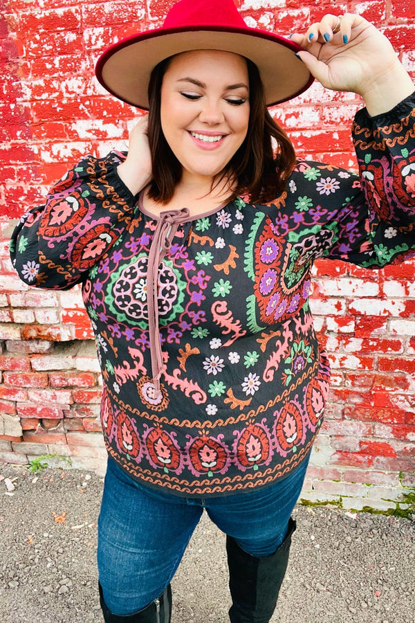 Take The Leap Black & Mauve Border Print Boho Tie Top - Coeur de la Mode