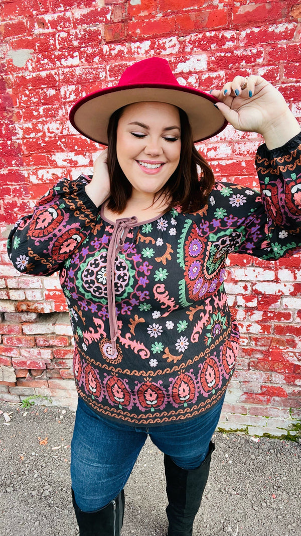 Take The Leap Black & Mauve Border Print Boho Tie Top - Coeur de la Mode