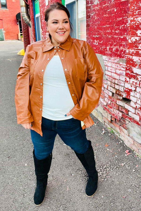 Open Your Heart Rust Vegan Leather Snap Button Shacket - Coeur de la Mode