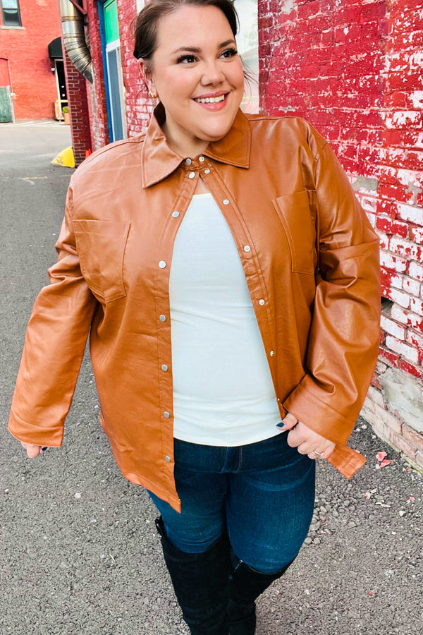 Open Your Heart Rust Vegan Leather Snap Button Shacket - Coeur de la Mode
