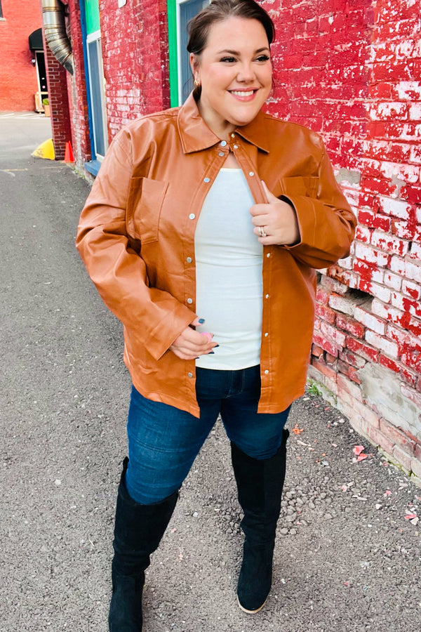 Open Your Heart Rust Vegan Leather Snap Button Shacket - Coeur de la Mode