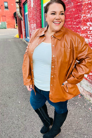 Open Your Heart Rust Vegan Leather Snap Button Shacket - Coeur de la Mode