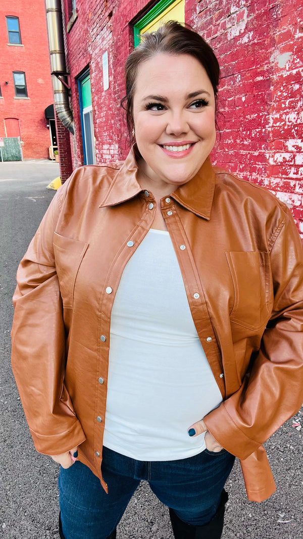 Open Your Heart Rust Vegan Leather Snap Button Shacket - Coeur de la Mode