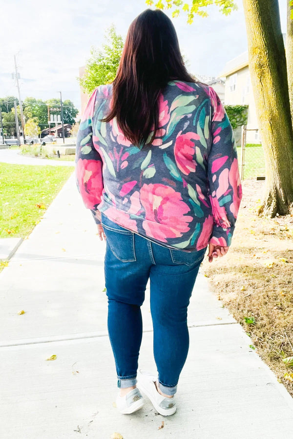 On My Heart Navy Floral Brushed Hacci Sweater Top - Coeur de la Mode