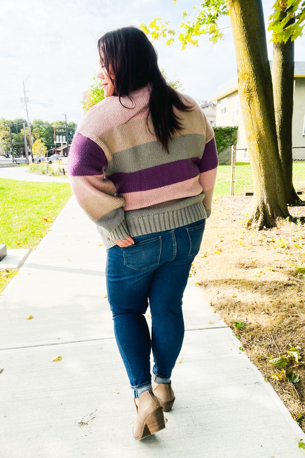 Fall For You Mauve Multicolor Stripe Cable Knit Mock Neck Sweater - Coeur de la Mode