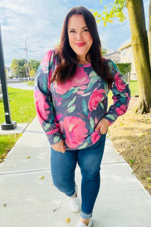 On My Heart Navy Floral Brushed Hacci Sweater Top - Coeur de la Mode
