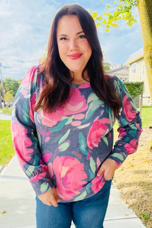 On My Heart Navy Floral Brushed Hacci Sweater Top - Coeur de la Mode