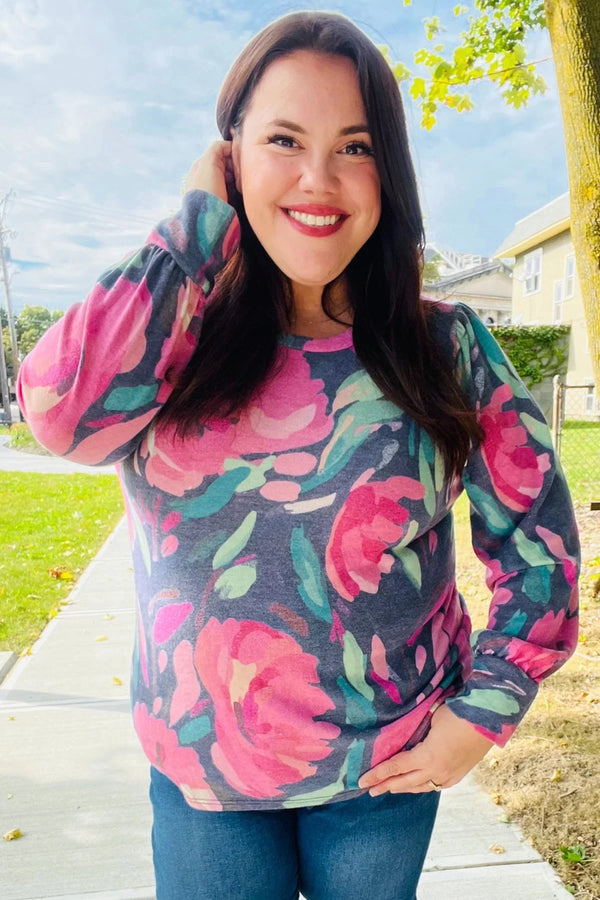 On My Heart Navy Floral Brushed Hacci Sweater Top - Coeur de la Mode