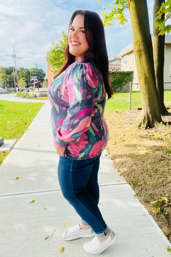 On My Heart Navy Floral Brushed Hacci Sweater Top - Coeur de la Mode