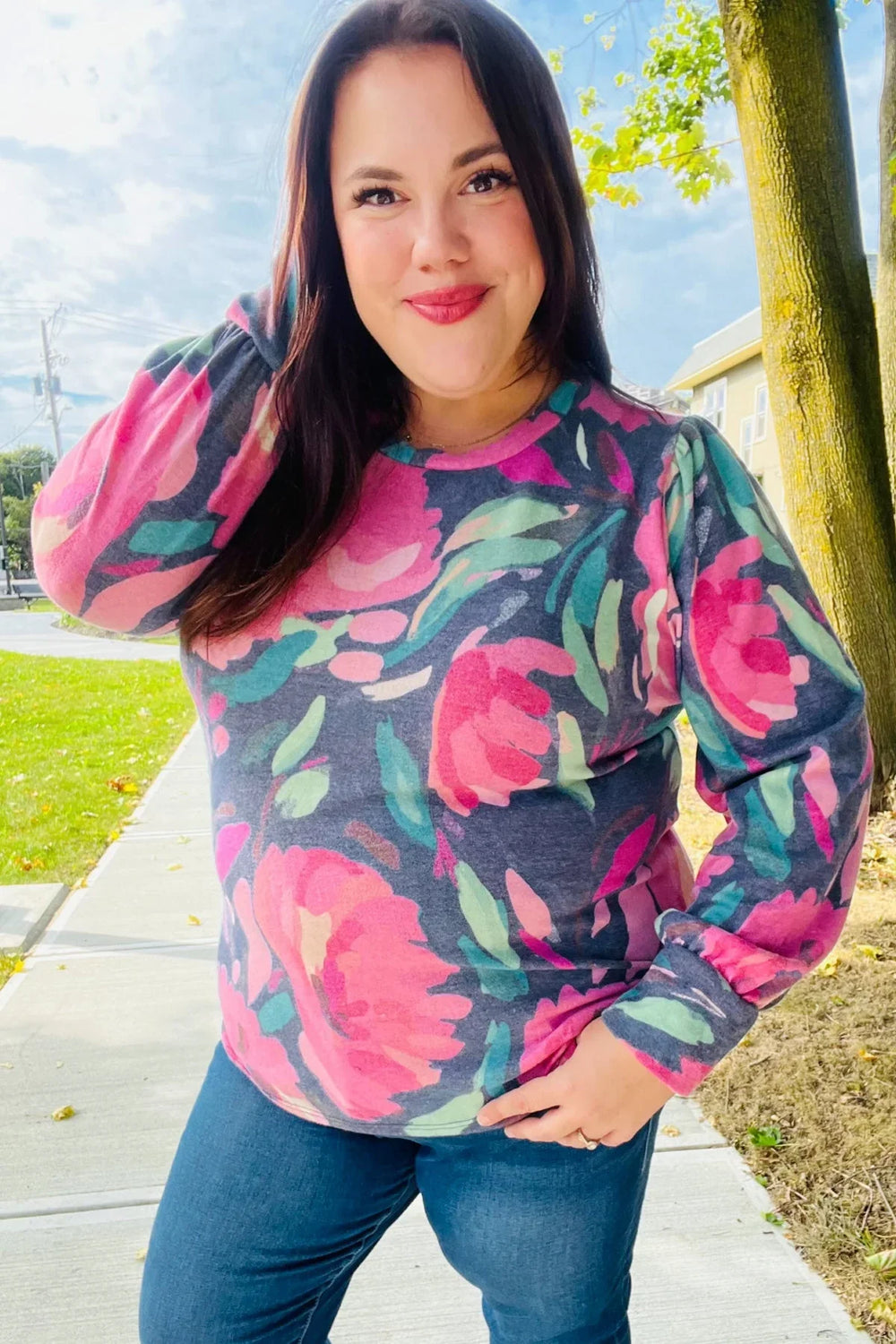 On My Heart Navy Floral Brushed Hacci Sweater Top - Coeur de la Mode