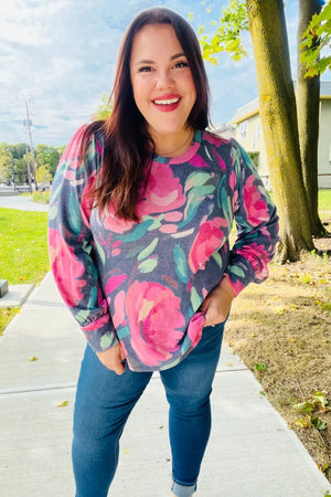 On My Heart Navy Floral Brushed Hacci Sweater Top - Coeur de la Mode
