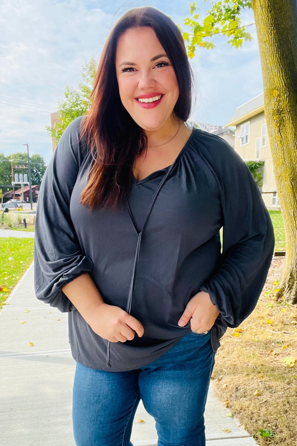Versatile Charcoal Front Tie Modal Knit Peasant Top - Coeur de la Mode