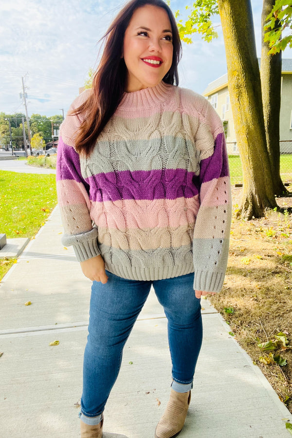Fall For You Mauve Multicolor Stripe Cable Knit Mock Neck Sweater - Coeur de la Mode