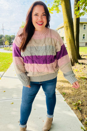Fall For You Mauve Multicolor Stripe Cable Knit Mock Neck Sweater - Coeur de la Mode