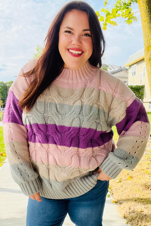 Fall For You Mauve Multicolor Stripe Cable Knit Mock Neck Sweater - Coeur de la Mode