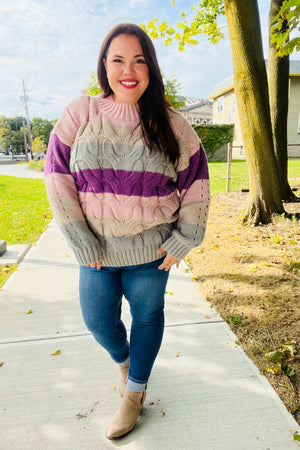 Fall For You Mauve Multicolor Stripe Cable Knit Mock Neck Sweater - Coeur de la Mode