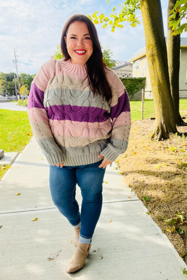 Fall For You Mauve Multicolor Stripe Cable Knit Mock Neck Sweater - Coeur de la Mode