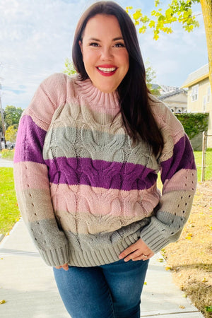 Fall For You Mauve Multicolor Stripe Cable Knit Mock Neck Sweater - Coeur de la Mode