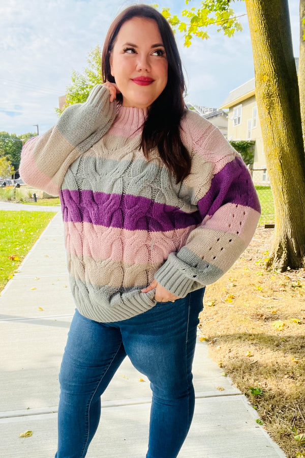 Fall For You Mauve Multicolor Stripe Cable Knit Mock Neck Sweater - Coeur de la Mode
