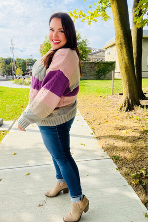 Fall For You Mauve Multicolor Stripe Cable Knit Mock Neck Sweater - Coeur de la Mode
