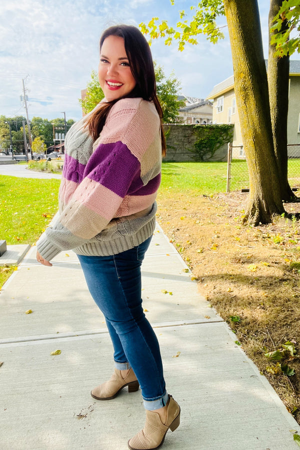 Fall For You Mauve Multicolor Stripe Cable Knit Mock Neck Sweater - Coeur de la Mode
